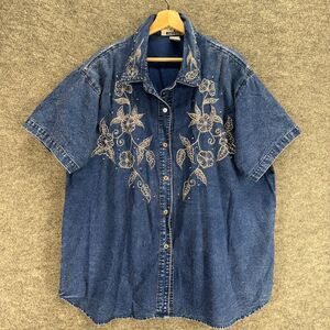Club Z Shirt Women 22-24 Plus Blue Floral Embroidered Button Up Denim Dark Wash